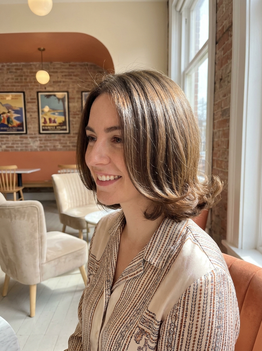 Bob mit sanft nach außen geföhnten Spitzen als freche kurze Bob Frisuren Inspiration 2026